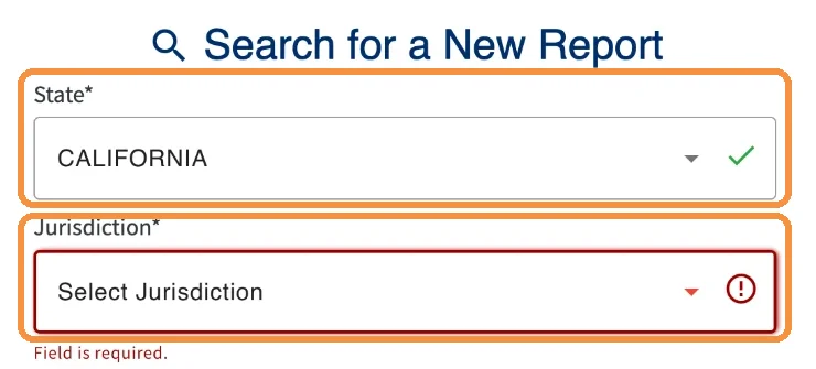 BuyCrash search screen with the State and Jurisdiction fields highlighted
