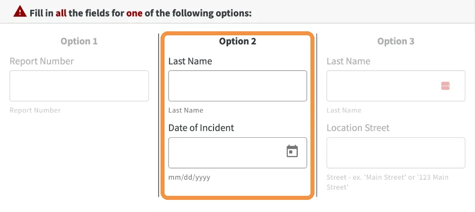 BuyCrash search options with Option 2, Last Name and Date of Incident, highlighted